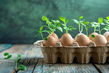 Wall Mural - Easter egg carton with sprouting seedlings, real photo