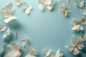 Poster - A blue background with a white frame of butterflies. The frame is circular and the butterflies are arranged in a way that creates a sense of movement and freedom