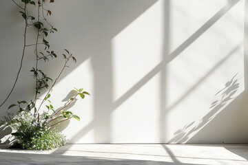 Poster - A white wall with a plant in a pot and a window with sunlight shining on it
