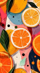 Poster - Abstract illustration of oranges and citrus fruits with leaves on a colorful background. Modern art style emphasizing healthy diet and sugar substitutes.