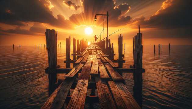 old wooden fishing pier extending into the sea during the golden hour of sunset.
.Generative AI