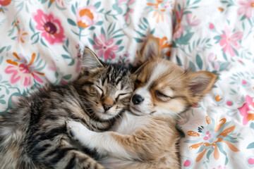 Wall Mural - adorable kitten and puppy sleeping together on a floral patterned blanket