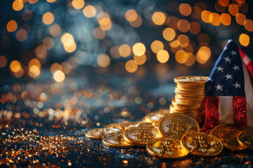 Poster - A pile of gold coins and a flag on a table. The coins are arranged in a pyramid shape and the flag is on top of them. Concept of wealth and patriotism