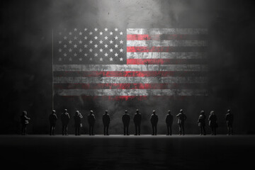 A group of people stand in front of a large American flag. The flag is red and white with stars. The people are standing in a line, with some of them wearing military uniforms