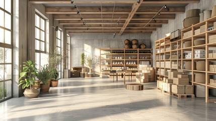 Poster - A large open room with a lot of shelving and a few potted plants. The room is bright and airy, with sunlight streaming in through the windows. The atmosphere is calm and peaceful