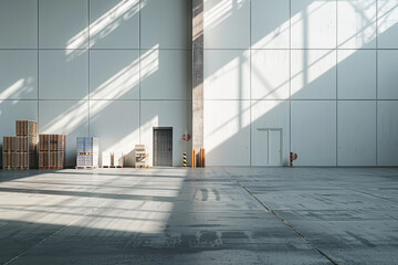 Poster - A large empty warehouse with a lot of boxes stacked up. The sun is shining through the windows, creating a bright and open feeling