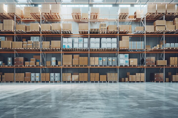 Poster - A large warehouse with many boxes on the shelves. The boxes are stacked in rows and are of different sizes. The warehouse is empty and has a very industrial feel to it