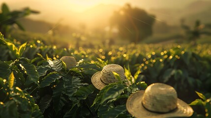 Wall Mural - A sunlit coffee plantation field with straw hats and old-fashioned clothing items.