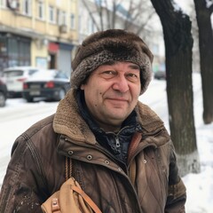 Wall Mural - A middle-aged man is shopping in the city, winter snow