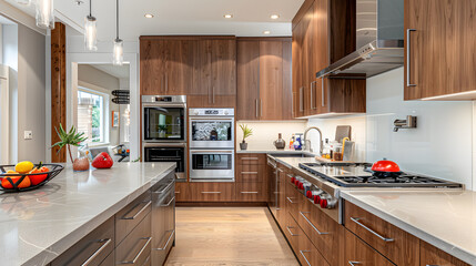 A large kitchen with a marble countertop and wooden cabinets