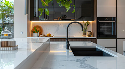 A large kitchen with a marble countertop and wooden cabinets