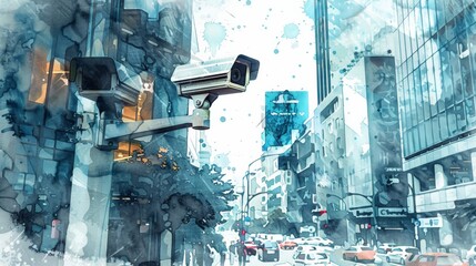Poster - Watercolor illustration of a street with security cameras and tall buildings. Concept of public safety and monitoring.
