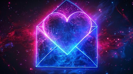 Poster - Vibrant neon heart enveloped in space texture - A digital art piece featuring a glowing neon heart within a geometric envelope, set against a cosmic background