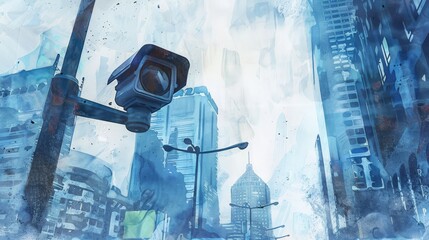 Poster - Watercolor illustration of a city with multiple security cameras. Ensuring public safety through advanced monitoring systems.