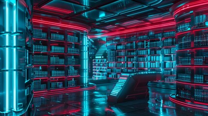 Poster - Futuristic red and blue data center - A modern data center with blue and red neon lights illustrating high-tech and computing themes