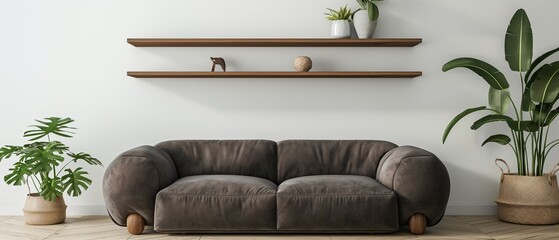 Home living room interior with wooden shelves on the wall and dark brown sofa