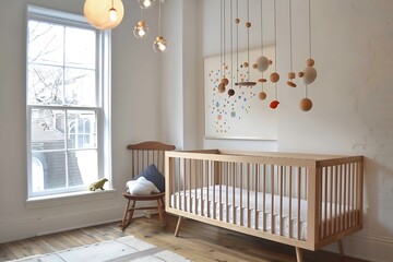 Wall Mural - Scandinavian nursery light wood crib, mobile, natural light.