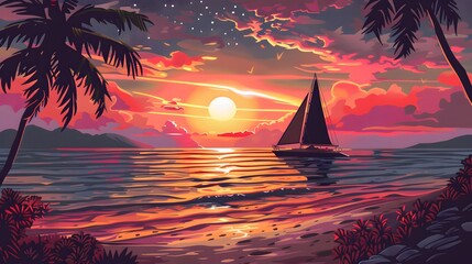 Wall Mural - Tropical Beach at Sunset with Island
