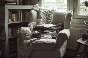 Wall Mural - Scandinavian reading nook comfortable armchair, woven blanket, book piled high.