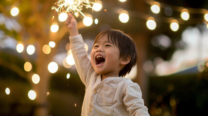 Poster - 庭で花火を楽しむ日本の子供