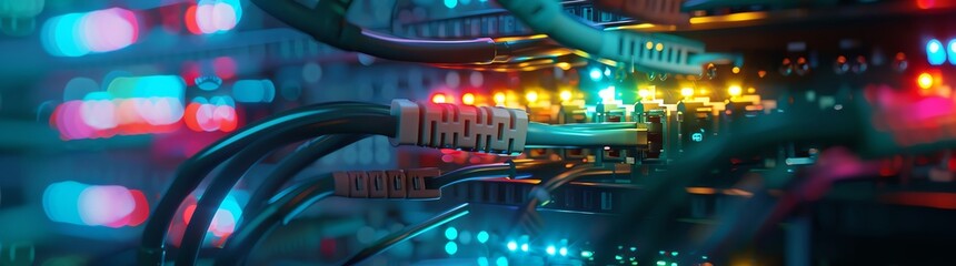 Wall Mural - Closeup of network cable and two switches with colorful lights on dark background, detailed close up view, high resolution, professional photograph in the style of award winning photography