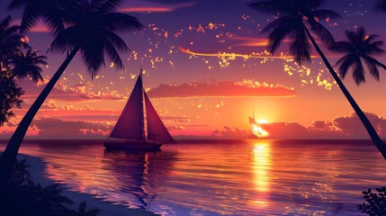 Wall Mural - Tropical Beach at Sunset with Island
