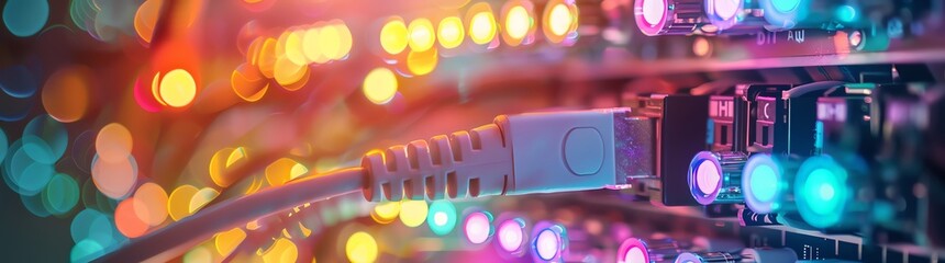 Wall Mural - Closeup of an internet cable being plugged into the back end of a network switch, with a computer room background in a blurred background