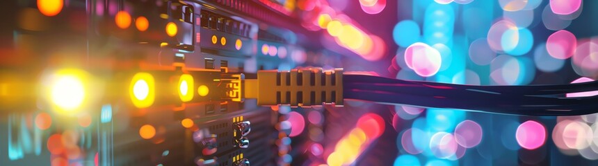 Closeup of an internet cable being plugged into the back end of a network switch, with a computer room background in a blurred background with a bokeh effect. Colorful cables