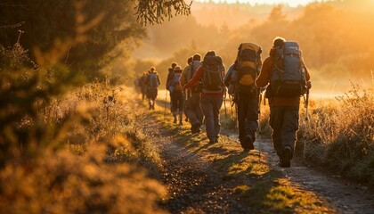 Wall Mural - pilgrims embarking on a sunrise journey along a peaceful path - ai generated digital art