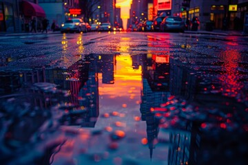 Wall Mural - A breathtaking urban landscape during sunset showcasing a busy city street with vibrant reflections on rain-soaked pavement, blending warm and cool hues