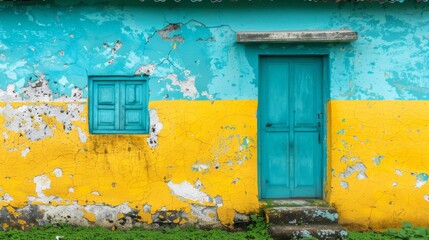 A weathered, colorful building facade featuring a vibrant turquoise door and window set against a cracked yellow and blue wall, showcasing the charm of urban decay