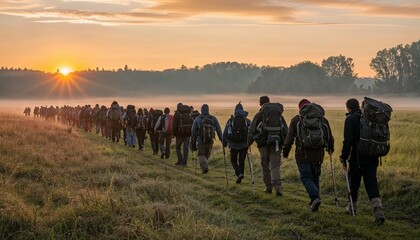 Wall Mural - pilgrims embarking on a dawn journey with sunrise illuminating the path - ai generated digital art