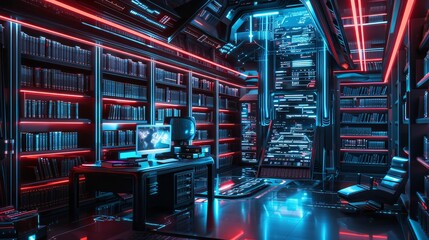 Poster - Futuristic server room with glowing red lights - The image shows a modern server room with vibrant red and blue lighting, highlighting advanced technology and cyber security