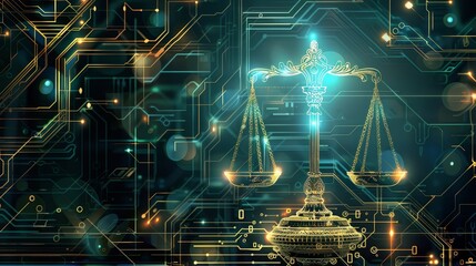 Scales of justice in digital form - The image depicts a set of scales in a digital, cyber-like atmosphere, symbolizing law and balance in the digital age