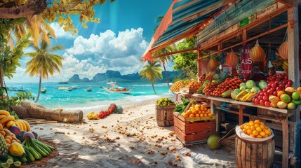 Tropical beach fruit stand with a boat - Vibrant beach scene featuring a fruit stand with fresh produce and a colorful boat against a stunning ocean backdrop