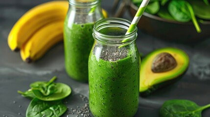 Wall Mural - Healthy green smoothie with banana, spinach, avocado and chia seeds in a glass bottles. Generative Ai.