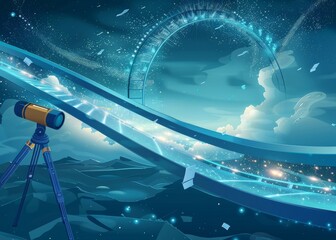 Sticker - Future Bridge gracefully made of light and energy, glowing a soft blue, symbol of CVs flying in the sky, telescope Modern