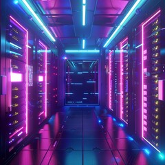 Wall Mural - futuristic computer server room, server racks, neon blue