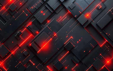 Poster - futuristic abstract background with dark geometric shapes and bright red glowing lines, showcasing modern technology and innovation