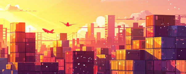 Poster - A cityscape with a red and white airplane flying over it. The sky is orange and the buildings are tall