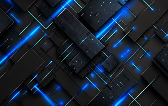 Futuristic geometric design with glowing blue lines and dark abstract shapes