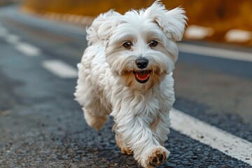 Adorable white fluffy dog joyfully running along a paved road with a blurred background highlighting the energy and freedom of a happy pet