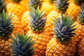 Canvas Print - Sliced and half of Pineapple(Ananas comosus) on wooden table with blurred garden background.Sweet, and juicy taste Have a lot of fiber,vitamins C and minerals  or healthcare concept , generative ai