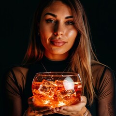 Canvas Print - portrait of bright woman holding in her hands a large deep smooth transparent bowl with aperol cocktail and littlecube of ice on a black empty background