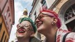 © aicandy - Two joyful women with vibrantly colored hair and stylish sunglasses laugh together on a lively city street under a clear sky