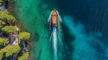 Wall Mural - Drone view of a boat sailing across the blue clear waters of lake Tahoe California