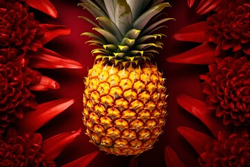 Canvas Print - Sliced and half of Pineapple(Ananas comosus) on wooden table with blurred garden background.Sweet, and juicy taste Have a lot of fiber,vitamins C and minerals  or healthcare concept , generative ai