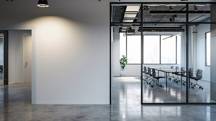 A white wall in an office, a glass door on the left side leads to another room with a black metal frame and large windows, a concrete floor, tables for four people at one end, a small plant near