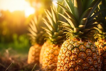 Wall Mural - Sliced and half of Pineapple(Ananas comosus) on wooden table with blurred garden background.Sweet, and juicy taste Have a lot of fiber,vitamins C and minerals  or healthcare concept , generative ai