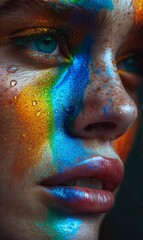 Close-up portrait of a young woman with bright rainbow-colored face paint.